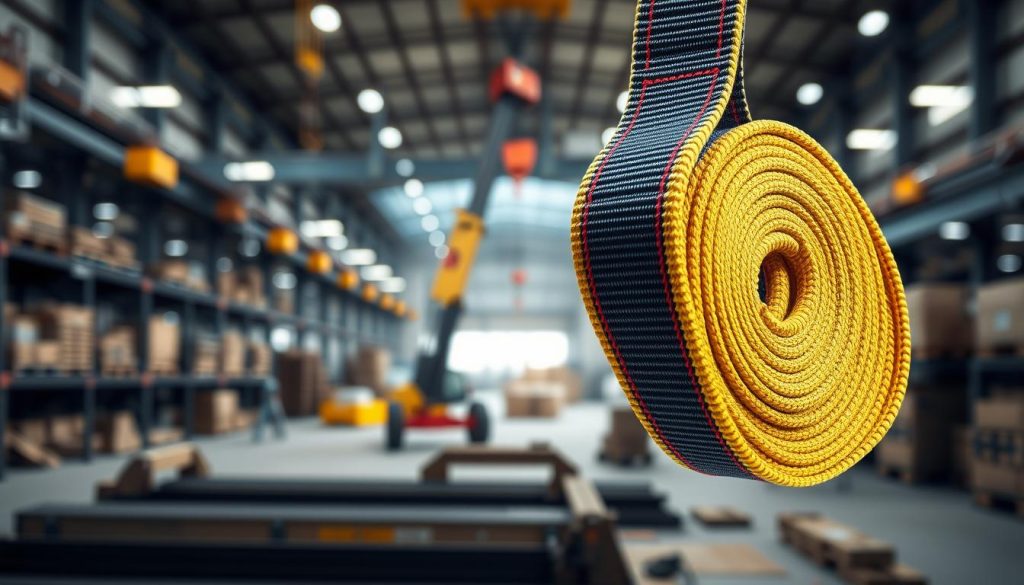 A photorealistic image of a webbing sling displayed prominently in the foreground, showcasing its vibrant color-coded capacity markers and stitching details. The webbing sling should be taut, emphasizing its strength and design suitable for heavy lifting. In the middle ground, a well-lit industrial setting showcases a lifting scenario, perhaps with a crane in action or equipment that illustrates the tonnage capacity, creating an engaging context. The background should include blurred outlines of warehouses or construction site elements, enhancing the industrial atmosphere. The lighting is bright and natural, highlighting the sling's textures and colors, while a slight depth of field directs attention to the sling. The overall mood is professional and informative, suitable for an article on lifting equipment.