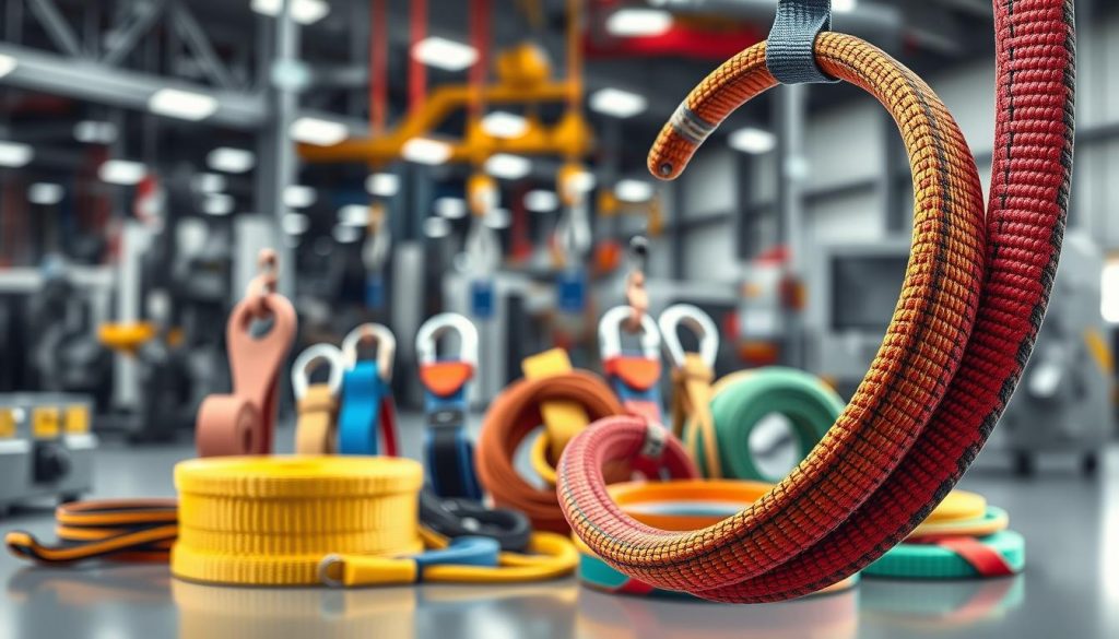 A photorealistic image of a webbing sling displayed prominently in the foreground, showcasing its vibrant colors and intricate weaving patterns. The sling is looped elegantly, demonstrating its strength and durability. In the middle ground, various types of webbing slings are arranged artistically, each with different designs and sizes, highlighting their versatility for industrial use. The background features a soft-focus industrial setting with subtle machinery, conveying an atmosphere of productivity and professionalism. Bright, even lighting enhances the textures and colors of the slings, while a shallow depth of field draws attention to the foreground. The entire scene reflects a mood of reliability and innovation in industrial equipment.