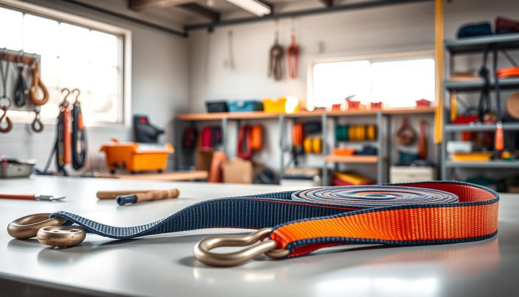 A photorealistic image of a webbing sling prominently displayed in a well-lit workshop environment. In the foreground, the webbing sling, featuring vibrant colors, heavy-duty stitching, and a clear representation of its lifting capacity, is laid out on a clean workbench. The middle ground includes tools and equipment, such as hooks and pulleys, subtly arranged to draw the eye toward the sling, while slightly out of focus. In the background, shelves lined with various types of lifting gear suggest a comprehensive selection available for purchase. Natural light filters in through a window, casting soft shadows that create a professional and inviting atmosphere, emphasizing the quality and reliability of the product. The overall mood conveys confidence and readiness for use in industrial applications.