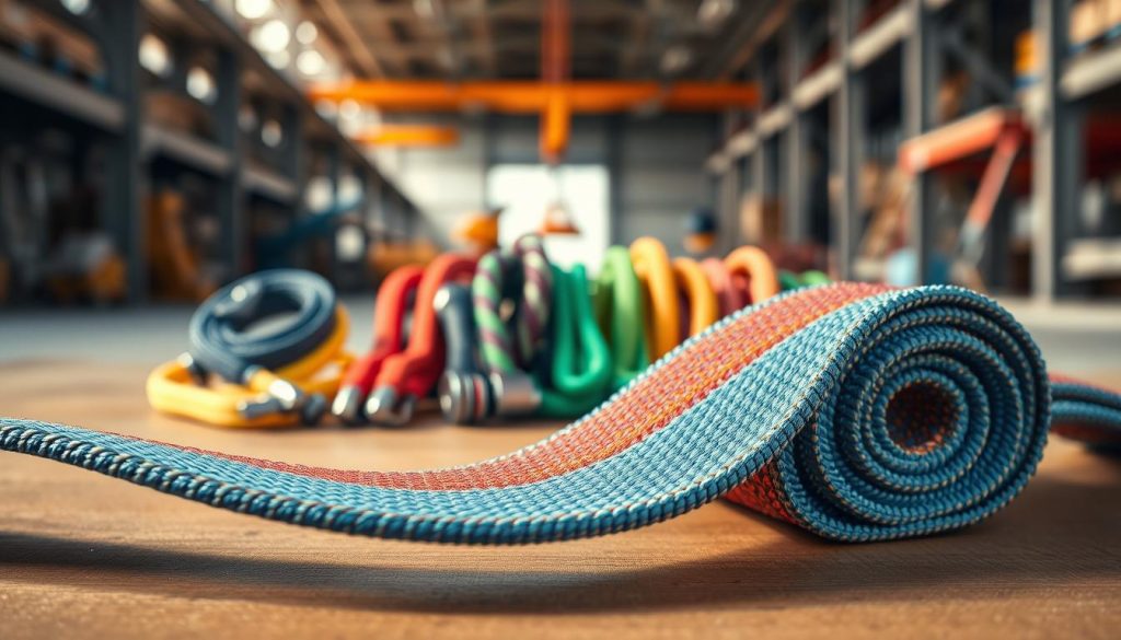 A photorealistic image of a webbing sling, prominently displayed in the foreground, showcasing its intricate weave and vibrant colors. The sling should be lying on a wooden surface with a soft, diffused natural light illuminating its texture, casting gentle shadows. In the middle ground, a set of various webbing slings of different sizes and colors should be arranged neatly to demonstrate the range of options. The background should feature a blurred industrial setting, hinting at a warehouse or a construction site, with hints of other lifting equipment subtly visible, enhancing the work environment atmosphere. The overall mood should be professional and informative, suitable for showcasing the versatility and importance of webbing slings in lifting applications.