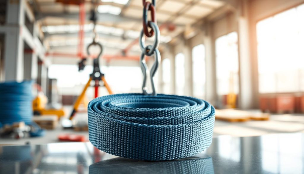 A photorealistic image of a webbing sling prominently displayed in the foreground, showcasing its lightweight texture and vibrant colors. The sling should be depicted in a relaxed, coiled position, highlighting its flexibility and strength. In the middle ground, include tools or equipment commonly associated with webbing slings, such as a metal hook or pulley, to emphasize versatility. The background should be a soft-focus construction site or industrial setting, hinting at its practical applications. Natural daylight filters in, creating a bright and professional atmosphere. The angle should be slightly above eye level, providing a dynamic perspective that draws attention to the webbing sling’s features. No text or markings should be present in the image.