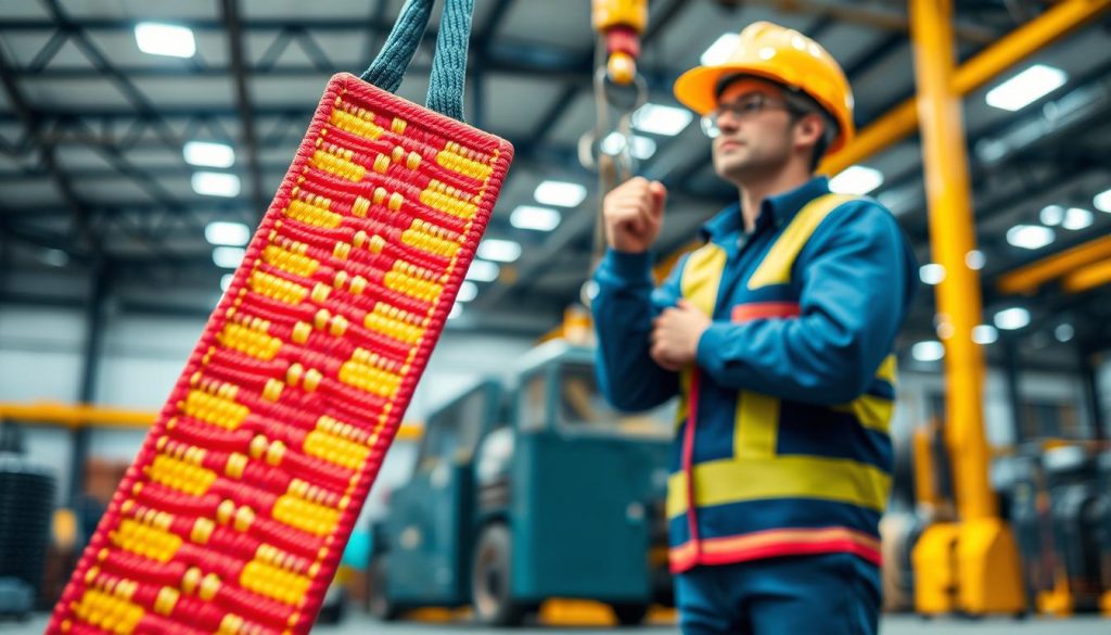 A photorealistic image of a webbing sling prominently displayed in the foreground, showcasing its vibrant colors and intricate weave patterns. The sling is positioned diagonally, demonstrating its strength and flexibility. In the middle ground, a skilled worker dressed in professional attire is preparing to use the sling for lifting heavy equipment, highlighting safety protocols. The background features a well-lit industrial setting, with soft, diffused lighting that emphasizes the details of the sling and worker without harsh shadows. The atmosphere is focused and industrious, capturing the essence of safe load lifting. The image is crafted with high definition clarity, ensuring all textures and colors pop vividly.