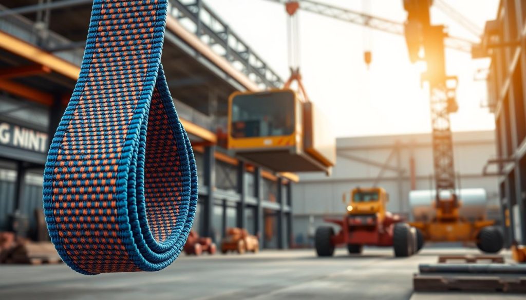 A photorealistic image of a webbing sling prominently displayed in the foreground, showcasing its strong, flexible design with vibrant colors. The sling should be intricately detailed, emphasizing its stitching, texture, and robust fabric. In the middle ground, depict heavy-duty lifting equipment, such as a crane or a hoist, demonstrating the sling's application in a safe work environment. The background features an industrial setting, perhaps a construction site or warehouse, with soft, natural lighting filtering through, creating a professional atmosphere. Use a slight upward angle to highlight the sling's strength and reliability, evoking a sense of durability and safety in its use. The overall mood should convey confidence and trust in the product's quality. A photorealistic image of a webbing sling prominently displayed in the foreground, showcasing its strong, flexible design with vibrant colors. The sling should be intricately detailed, emphasizing its stitching, texture, and robust fabric. In the middle ground, depict heavy-duty lifting equipment, such as a crane or a hoist, demonstrating the sling's application in a safe work environment. The background features an industrial setting, perhaps a construction site or warehouse, with soft, natural lighting filtering through, creating a professional atmosphere. Use a slight upward angle to highlight the sling's strength and reliability, evoking a sense of durability and safety in its use. The overall mood should convey confidence and trust in the product's quality.