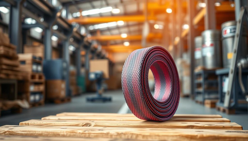 A photorealistic image of a webbing sling prominently displayed in the foreground, showcasing the intricate weave and vibrant colors of the material. The webbing sling should be positioned on a sturdy industrial background, perhaps on a wooden pallet in a warehouse setting, indicative of its use in lifting and rigging applications. Soft, natural lighting illuminates the sling, highlighting its texture and flexibility, while a shallow depth of field blurs the background slightly to draw focus to the sling. The atmosphere should convey a sense of reliability and strength, featuring subtle reflections on a polished surface nearby, evoking a professional and industrial ambiance.