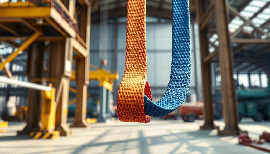 A photorealistic image of a webbing sling suspended between two heavy-duty structures, showcasing its vibrant colors and intricate webbing patterns. In the foreground, the webbing sling is clearly visible, emphasizing its superior flexibility and strength compared to traditional wire rope slings and chain slings shown faintly in the background. The middle ground features robust industrial settings, hinting at their application in heavy lifting scenarios. Natural sunlight streams in from above, casting dynamic shadows and highlighting the fabric texture of the sling, while a subtle blur suggests movement, enhancing the modern and dynamic atmosphere. The overall mood is professional and informative, suitable for a technical article on lifting equipment.