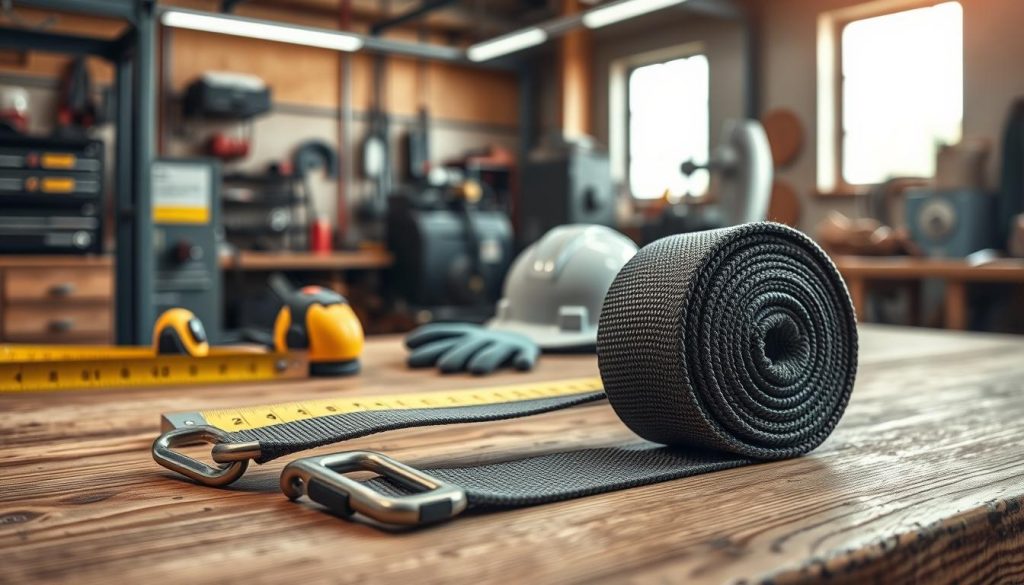 A photorealistic image of a webbing sling with a focus on its features and design, showcasing various textures and colors, arranged on a wooden workbench. In the foreground, the webbing sling is prominently displayed, revealing strong stitching and durable materials, emphasizing safety standards. In the middle ground, a tape measure and safety gear like gloves and a hard hat can be seen, symbolizing the importance of safety and compliance. In the background, a blurred workshop setting with industrial equipment and tools, illuminated by soft, natural light from a nearby window, creating an inviting and professional atmosphere. The angle of the shot is slightly above eye level, giving a comprehensive view of the sling's structure, while maintaining a clean and focused composition free of any distractions.