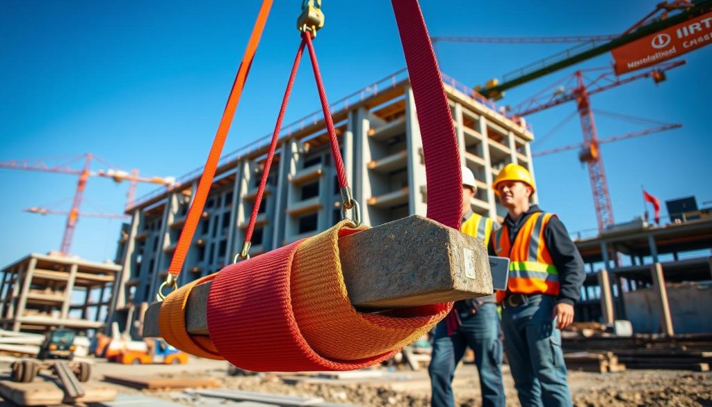 A photorealistic image of industrial webbing slings being used in a construction project setting. In the foreground, display a vibrant, colorful webbing sling securely holding a heavy beam, demonstrating its strength and flexibility. In the middle ground, showcase construction workers in professional attire, coordinating the lifting process; their expressions reflect focus and teamwork. The background should feature a partially constructed building, cranes, and construction equipment, set against a clear blue sky, creating a dynamic atmosphere. Use natural lighting to highlight the textures of the materials and emphasize the safety equipment being utilized. Capture the scene from a low angle to emphasize the scale of the construction site and the importance of webbing slings in industrial applications.