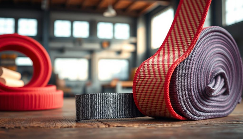 A photorealistic image of material webbing slings displayed prominently in the foreground, showcasing their intricate weave and vibrant colors. The slings are arranged neatly over a wooden surface, reflecting their strength and durability. In the middle ground, a close-up view of a webbing sling with detailed stitching and load-bearing labels emphasizes quality craftsmanship. The background features an industrial setting with soft natural light filtering through a nearby window, creating a warm, inviting atmosphere. The scene is shot with a shallow depth of field, focusing on the slings while gently blurring the background elements. Overall, the image conveys a sense of strength and reliability, ideal for illustrating the impact of webbing material on load capacity.