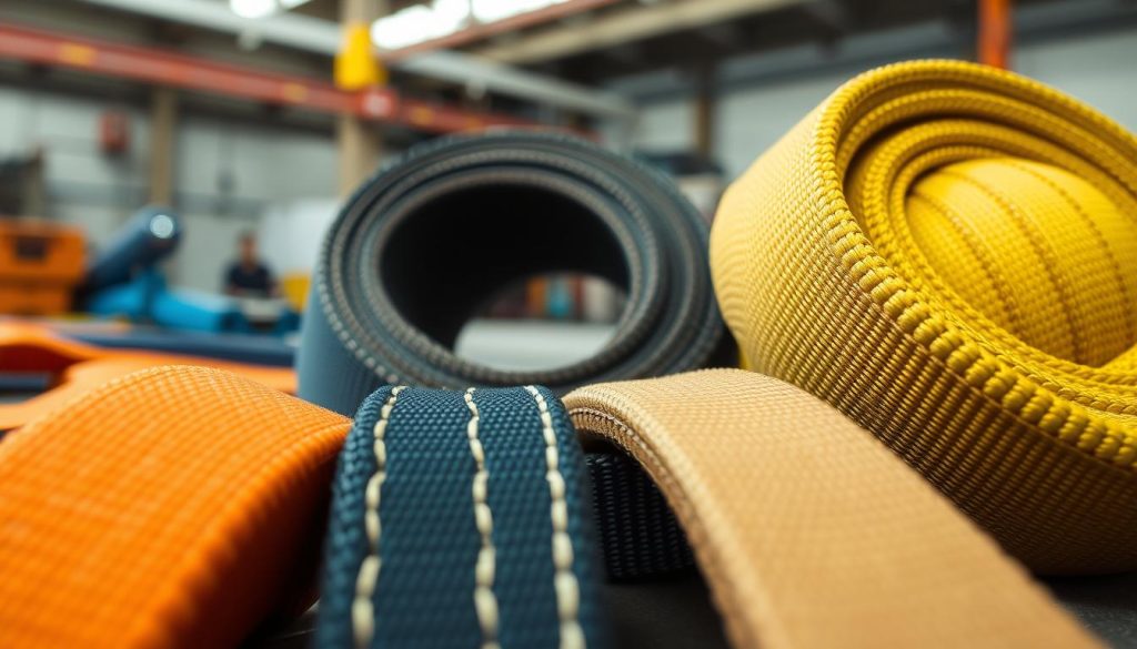 A photorealistic image of various models of webbing slings, prominently featuring three types: Eye-to-Eye, Round Sling, and Endless. The foreground showcases each sling neatly laid out, with close-up details highlighting the texture and stitching of the webbing. The middle ground includes a subtle gradient background that enhances the colors of the slings, focusing on earthy tones to convey a sturdy, industrial feel. The lighting is soft but bright, simulating natural daylight that emphasizes the durability and quality of the materials. The viewpoint is at a slight angle, allowing viewers to appreciate the depth and craftsmanship of each sling, all set in a clean, professional workshop environment, conveying a mood of reliability and precision in safety equipment.