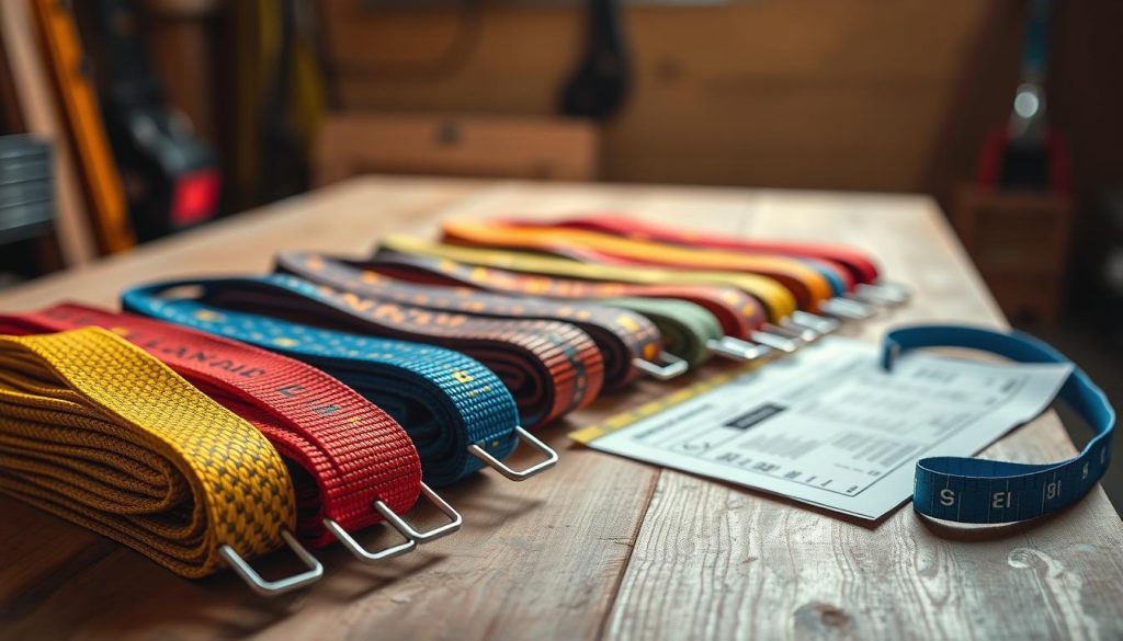 A photorealistic image showcasing a collection of webbing slings arranged neatly on a wooden workbench. In the foreground, focus on several colorful webbing slings made from durable nylon, each displaying distinct woven patterns and different load capacities. The middle section features a measuring tape and technical specifications documents laying next to the slings, highlighting their versatility. The background includes soft lighting that casts gentle shadows, emphasizing the texture and strength of the webbing materials. Utilize a shallow depth of field to bring the slings into sharp focus, creating a professional and informative atmosphere suitable for a technical article. The overall mood is practical and instructional, evoking a sense of quality and reliability in the product.