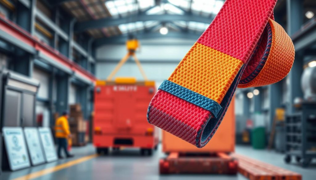 A photorealistic image showcasing a high-quality webbing sling in vibrant colors, prominently displayed in the foreground. The sling should be made from durable, heavy-duty synthetic material, highlighting its woven texture and strength. In the middle ground, include safety certifications and standards documentation subtly, indicating its durability and compliance with safety measures. The background should feature an industrial setting, with soft lighting that creates a professional atmosphere, emphasizing the webbing sling's use in heavy lifting applications. Use a slightly elevated angle for a dynamic perspective, showcasing the webbing sling's form and texture in high definition. Ensure the colors are vivid and well-saturated, portraying reliability and quality.