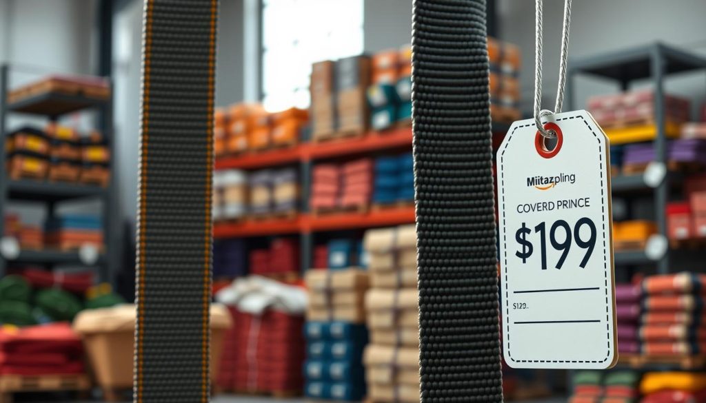 A photorealistic image showcasing a high-quality webbing sling prominently displayed in a well-lit, professional setting. In the foreground, focus on the slings, emphasizing their intricate weaving pattern, strong stitching, and vibrant colors. The middle ground features a large price tag attached to one of the slings, showing a competitive price to suggest affordability. In the background, softly blurred, a warehouse environment can be seen, with shelves stacked with various webbing slings of different sizes and colors, creating context for the price point. Natural lighting streams in from a large window, adding warmth to the scene and enhancing the rich textures of the materials. The overall mood should convey professionalism, reliability, and the notion of quality at a great price. No text or watermarks should be present in the image.