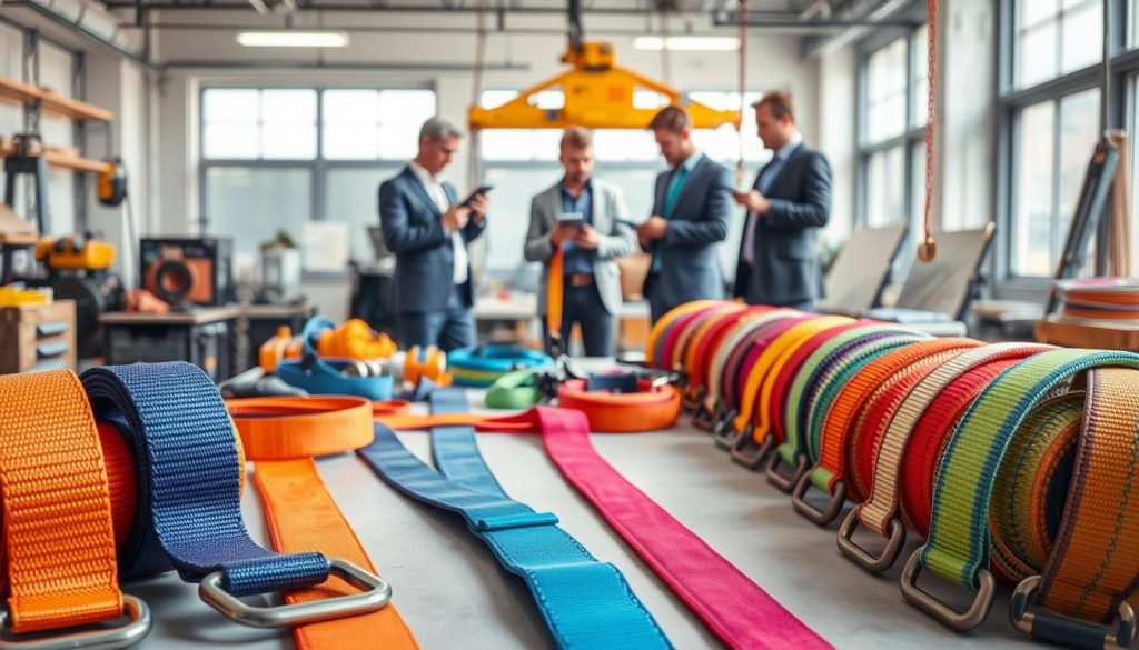 A photorealistic image showcasing a selection of vibrant webbing slings and sling belts in a professional workshop setting. In the foreground, several colorful webbing slings of various lengths, featuring durable stitching and heavy-duty hardware, are neatly displayed on a clean, organized workbench. In the middle ground, tools and equipment used for lifting and securing cargo are visible, creating a sense of an active work environment. The background consists of a well-lit interior, where employees in professional business attire can be seen examining lifting accessories and discussing their applications for various working conditions. Soft, natural light filters through large windows, casting gentle shadows, enhancing the focus on the webbing slings while maintaining a collaborative and industrious atmosphere.