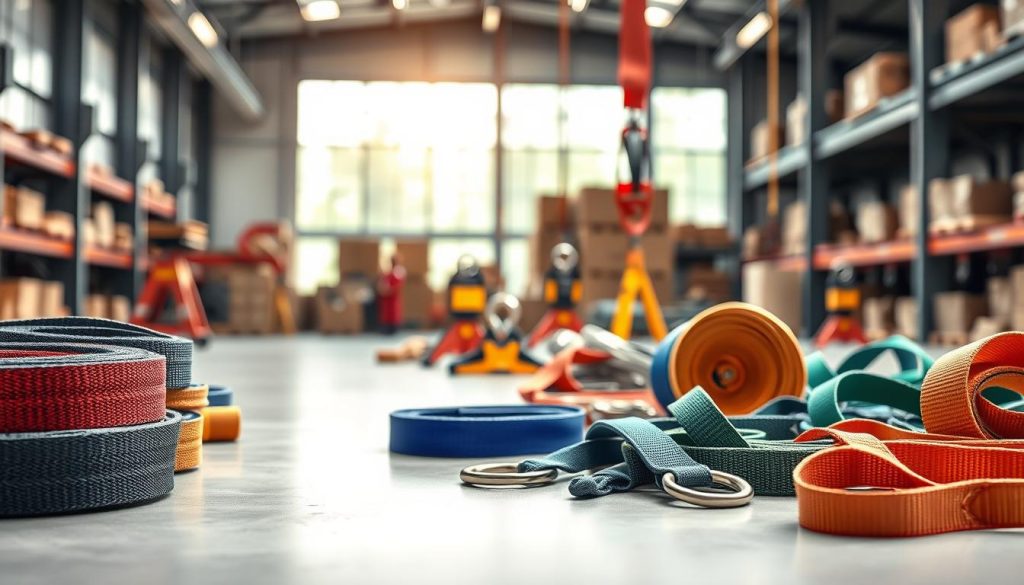 A photorealistic image showcasing a variety of high-quality webbing slings prominently displayed in a well-lit, professional setting. In the foreground, focus on a range of colorful webbing slings of different lengths and widths, highlighting their sturdy material and stitching details. The middle ground features tools and equipment commonly associated with lifting, like pulleys and harnesses, arranged neatly to emphasize their compatibility with the slings. In the background, a sleek, modern warehouse environment is visible, with soft, natural light filtering through large windows that create an inviting atmosphere. The mood is professional and focused, conveying reliability and quality for lifting needs in Pekanbaru.
