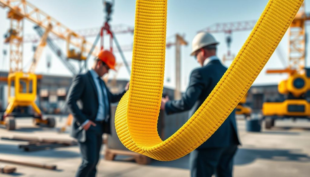 A photorealistic image showcasing a webbing sling in a professional setting, focusing on its applications. In the foreground, a bright yellow webbing sling is displayed prominently, intricately detailed to highlight its texture and stitching. In the middle ground, a construction site environment is visible, featuring workers in professional business attire, carefully using the sling to lift equipment, illustrating its practical uses. The background includes partially blurred cranes and industrial machinery bathed in natural daylight, creating a sense of activity and purpose. The overall atmosphere is industrious and focused, reflecting the importance of webbing slings in various applications, with soft shadows enhancing the three-dimensional realism of the scene.