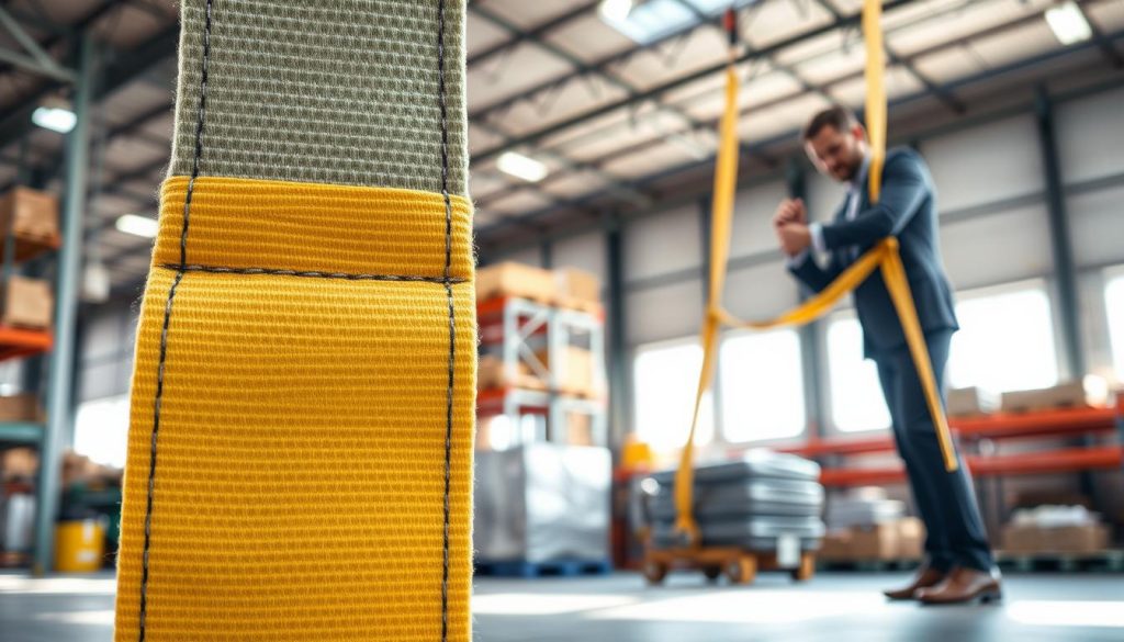 A photorealistic image showcasing a webbing sling in use within an industrial environment. In the foreground, a close-up of the bright, durable webbing sling is shown, featuring its textile texture and stitching details. In the middle ground, a worker in professional business attire is securing the sling around a heavy load, demonstrating proper technique and safety measures. The background reveals a busy warehouse with shelves of equipment, softly blurred to keep focus on the sling's usage. Natural lighting filters through the warehouse windows, casting soft shadows and creating a safe, productive atmosphere. The image conveys a sense of professionalism and adherence to safety standards in heavy lifting operations, emphasizing the importance of correct webbing sling utilization.
