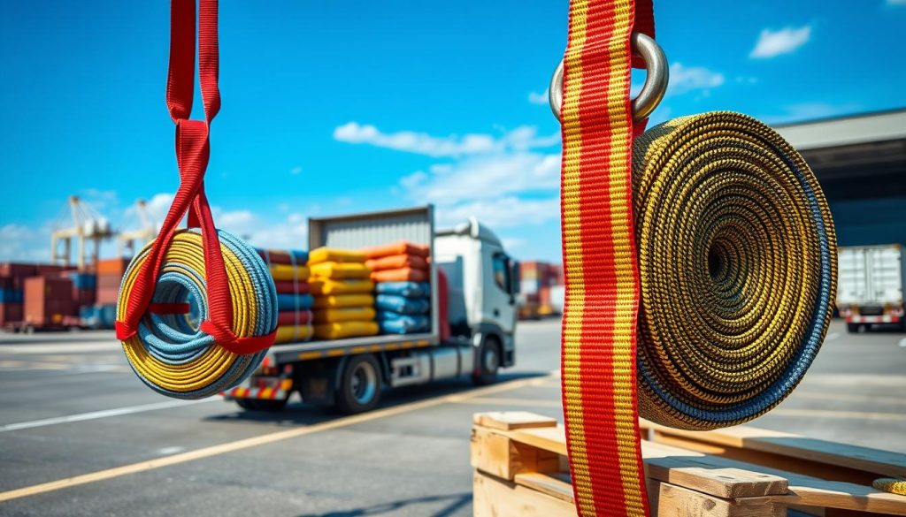 A photorealistic image showcasing a webbing sling prominently in the foreground, suspended and neatly coiled on a wooden pallet. The sling is vibrant, featuring bright colors such as red, blue, and yellow, highlighting its strength and durability. In the middle ground, display a truck preparing for delivery, with a focus on the truck bed where additional webbing slings are securely packed. The background features a clear blue sky and a busy shipping yard with containers and warehouses, conveying a sense of logistics and professionalism. The lighting is bright and natural, emphasizing the products' quality. The atmosphere is dynamic and industrious, showcasing the reliable service of webbing sling delivery to Parepare and throughout Indonesia.