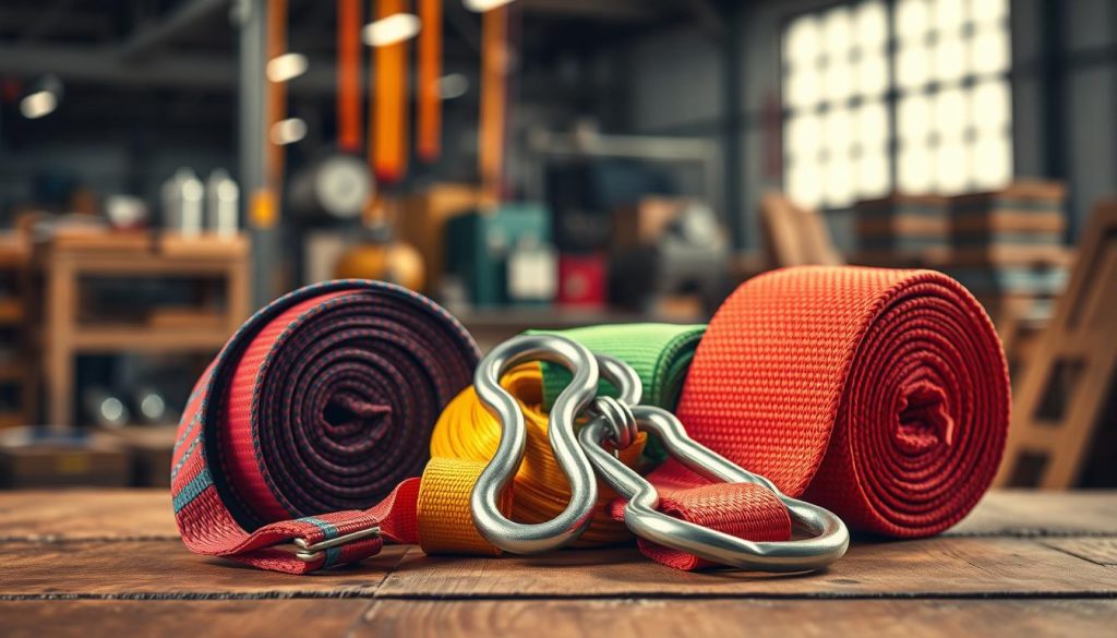 A photorealistic image showcasing flat webbing slings, featuring vibrant colors and intricate weaving patterns, displayed prominently in the foreground. The slings should be arranged artistically on a wooden surface, demonstrating their strength and versatility. In the middle, include tools commonly associated with webbing slings, such as hooks and shackles, subtly highlighting their practical applications. The background should be a softly blurred industrial setting, evoking a professional atmosphere, with warm, natural lighting that creates depth and enhances textures. Capture the image from a slightly elevated angle to emphasize the layering of the webbing slings and tools. The overall mood should be informative and professional, suitable for illustrating a section about different types of webbing slings.