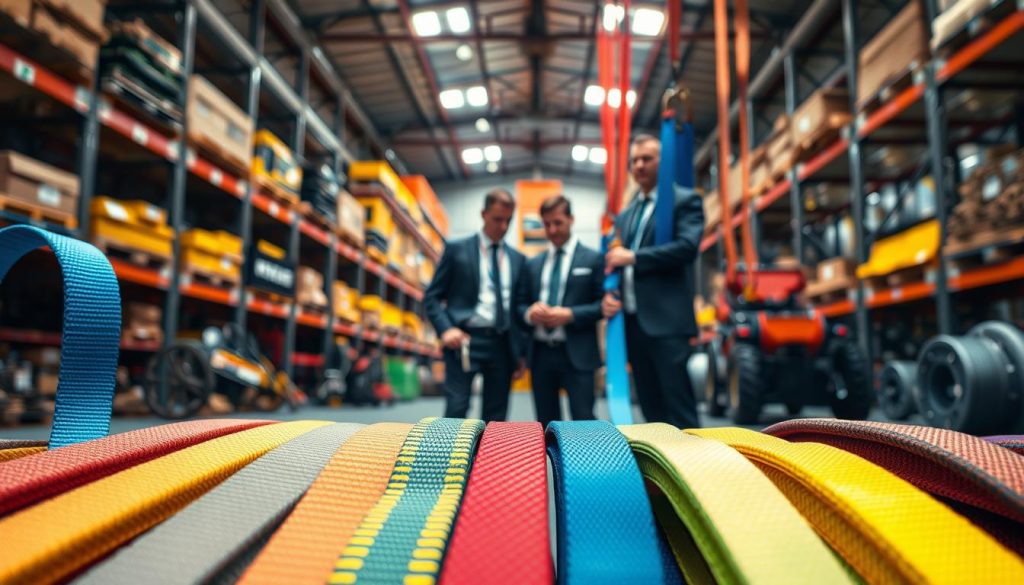 A photorealistic image showcasing the advantages of webbing slings in a professional setting. In the foreground, a variety of colorful webbing slings are prominently displayed, showcasing their strength and versatility. The slings contain labels indicating their weight limits and material types. In the middle ground, a team of two professionals, dressed in business attire, are inspecting the slings under bright, natural lighting, demonstrating safety practices. The background features an industrial warehouse setting with shelves stocked full of heavy-duty equipment, highlighting the slings' application in various lifting scenarios. The atmosphere conveys a sense of reliability and professionalism, emphasizing the quality of the webbing slings offered. The image captures a dynamic angle, providing depth and focus on the slings while maintaining clarity and vibrancy throughout.
