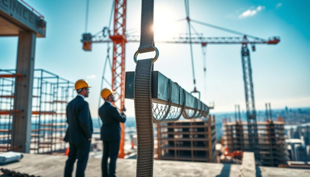 A photorealistic image showcasing the practical application of webbing slings in a construction setting. In the foreground, a webbing sling is prominently displayed, expertly secured around a large metal beam being lifted by a crane. Skilled workers in professional business attire oversee the process, ensuring safety protocols are followed. The middle ground features an active construction site with scaffolding and machinery, highlighting the versatility of webbing slings in various lifting tasks. In the background, a clear blue sky and distant cityscape convey an urban environment. Soft natural lighting enhances the scene, emphasizing the texture of the materials. Overall, the image captures a sense of safety, professionalism, and practicality in the usage of webbing slings.