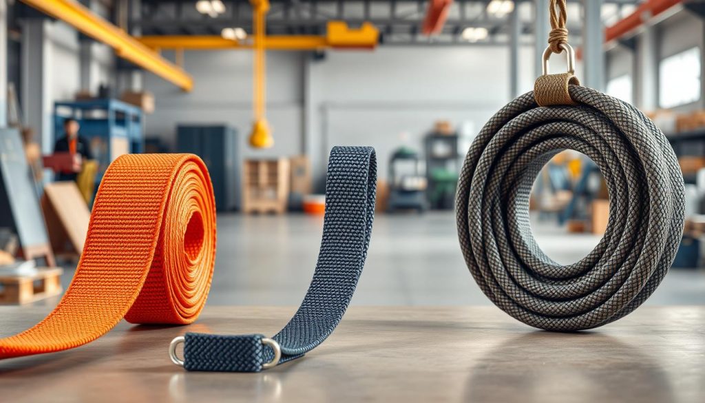 A photorealistic image showcasing three different types of webbing slings: a flat sling, a tubular sling, and a round sling. In the foreground, vividly display each type with realistic textures and color variations, emphasizing their distinct shapes and functionalities. The middle ground should feature a clean, industrial workspace setting, with subtle tools and equipment that suggest a context of hoisting or lifting applications. The background can include a blurred warehouse setting, enhancing the focus on the slings. Use soft, natural lighting to create an inviting atmosphere, allowing shadows to add depth. The camera angle should be slightly tilted to create a dynamic perspective, ensuring clarity and detailing in every type of sling without any text or distractions. A photorealistic image showcasing three different types of webbing slings: a flat sling, a tubular sling, and a round sling. In the foreground, vividly display each type with realistic textures and color variations, emphasizing their distinct shapes and functionalities. The middle ground should feature a clean, industrial workspace setting, with subtle tools and equipment that suggest a context of hoisting or lifting applications. The background can include a blurred warehouse setting, enhancing the focus on the slings. Use soft, natural lighting to create an inviting atmosphere, allowing shadows to add depth. The camera angle should be slightly tilted to create a dynamic perspective, ensuring clarity and detailing in every type of sling without any text or distractions.