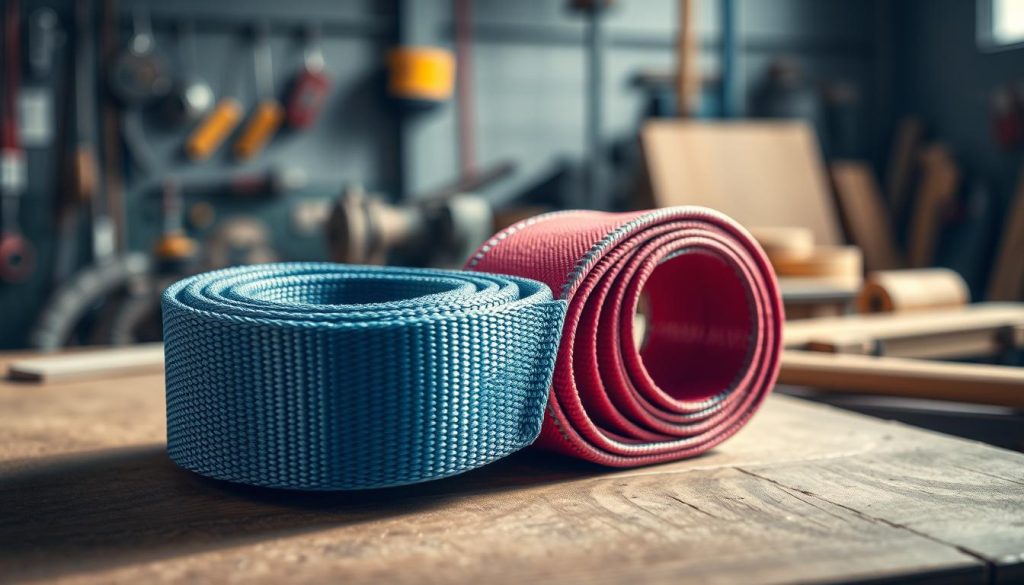 A photorealistic image showcasing two types of webbing slings: flat and tubular, artfully arranged on a textured wooden workbench. In the foreground, the flat webbing sling is displayed prominently, showcasing its width, strong stitching, and vibrant colors, glistening under soft natural light. The tubular webbing sling is layered beside it, displaying its round shape and durability. In the background, faint industrial tools and equipment can be seen, softly blurred to emphasize the webbing slings in the forefront. The lighting creates a professional atmosphere, drawing attention to the materials and their applications, with a crisp focus that highlights the textures and colors in high definition. The overall mood conveys quality and reliability, suitable for an industrial or commercial setting.