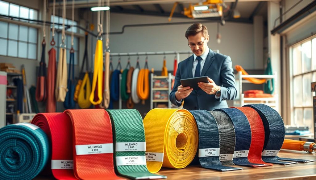 A photorealistic image showcasing various models of webbing slings displayed in an industrial setting. In the foreground, several colorful webbing slings are neatly arranged, highlighting different textures and thicknesses, with labels depicting their specifications. In the middle ground, a professional individual in business attire examines one of the slings, displaying a sense of expertise and interest. The background features a well-organized storage area with additional slings hanging on hooks and shelves. Soft, natural lighting filters through large windows, casting gentle shadows and creating a warm, informative atmosphere. The angle should be slightly elevated, providing a comprehensive view of the products while maintaining focus on the slings. No text or branding should be included in the image.