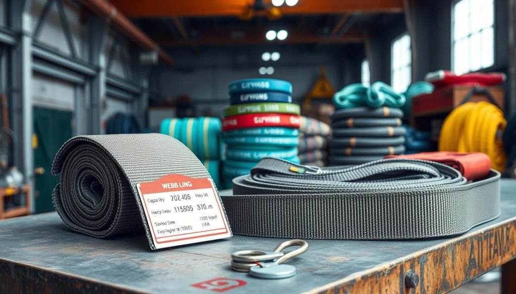 A photorealistic image showcasing various webbing slings arranged on a sturdy industrial table, demonstrating different capacities, sizes, and lifting strengths suitable for heavy loads. In the foreground, feature a close-up of a heavy-duty sling with clear labeling of its specifications, including weight capacity and material details. In the middle ground, a variety of slings of different colors and patterns are neatly stacked, highlighting their diversity. The background should include a workshop environment with overhead lighting casting soft shadows, enhancing the texture of the materials. The overall atmosphere should convey a sense of professionalism and reliability, perfect for a business context. The image should be in high definition, vibrant colors, and no text or watermarks present.
