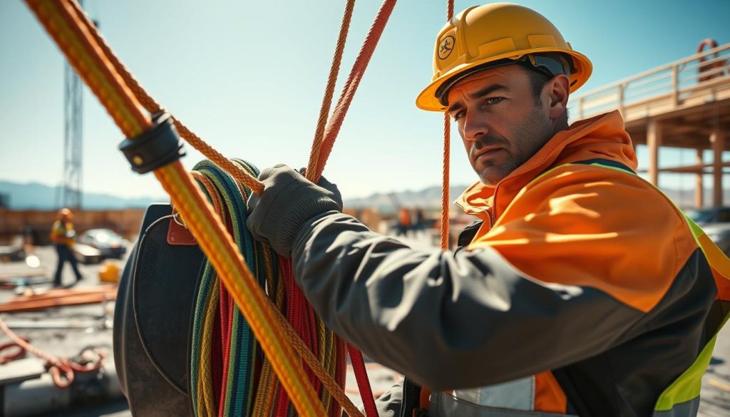 A photorealistic scene depicting the safe use of webbing slings in an outdoor setting. In the foreground, a skilled worker, dressed in professional safety gear, is carefully securing a heavy load with colorful webbing slings. The worker's expression is focused and determined, showcasing expertise. In the middle ground, a construction site is visible, featuring various tools and equipment, with additional workers collaborating safely. The background shows a clear blue sky, with distant mountains suggesting an active work environment. The lighting is bright and natural, giving a sense of clarity and safety. The angle captures the worker’s interaction with the slings, emphasizing correct technique and safety practices, creating a serious yet dynamic atmosphere that highlights best practices in the field.