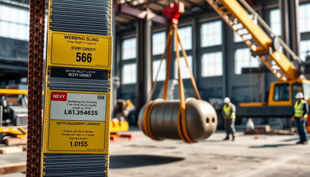 A professional-looking scene depicting a webbing sling being used to lift a heavy load in a construction setting. In the foreground, prominently display a sturdy webbing sling with clear labeling of its weight capacity, showcasing vibrant colors for visibility. In the middle, a crane lifts a heavy industrial object, emphasizing weight and tension in the webbing sling. The background features a construction site, with machinery and workers dressed in safety gear, illustrating a sense of diligent labor. Soft lighting enhances the scene, casting realistic shadows and highlighting the textures of the materials. The atmosphere should feel industrious, showcasing reliability and safety in weight lifting.