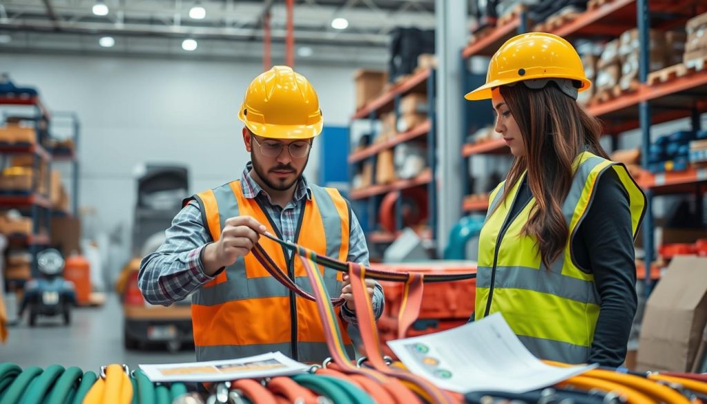 A professional male and female worker, both dressed in safety helmets and reflective vests, are engaged in the safe handling of webbing slings in an industrial setting. In the foreground, the workers are carefully inspecting a colorful webbing sling, showcasing its strength and durability. The middle ground highlights various types of slings displayed neatly, emphasizing quality and design features, while safety manuals and guidelines are visibly present. The background features a well-lit warehouse with shelves stocked with equipment and tools, adding context to the environment. The lighting is bright and even, enhancing the clarity of the scene, creating a feeling of safety and professionalism. Focus should be on the interaction and attention to safety protocols, captured in a photorealistic style with high definition.