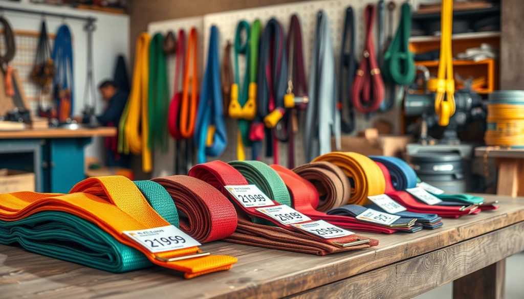 A vibrant and detailed photorealistic image showcasing various types of webbing slings displayed on a sturdy wooden table. In the foreground, the focus is on several colorful webbing slings of different widths and lengths, expertly folded and labeled with clear price tags to indicate current market pricing in Indonesia. The middle ground shows additional slings hanging on a pegboard, highlighting their materials, textures, and possible uses in various industries. In the background, softly blurred, a warm, inviting workshop environment can be seen, with tools and equipment related to webbing sling production. A soft, natural light source illuminates the scene from the side, creating subtle shadows that enhance the textures. The overall atmosphere conveys professionalism, trustworthiness, and a strong connection to the local market. A vibrant and detailed photorealistic image showcasing various types of webbing slings displayed on a sturdy wooden table. In the foreground, the focus is on several colorful webbing slings of different widths and lengths, expertly folded and labeled with clear price tags to indicate current market pricing in Indonesia. The middle ground shows additional slings hanging on a pegboard, highlighting their materials, textures, and possible uses in various industries. In the background, softly blurred, a warm, inviting workshop environment can be seen, with tools and equipment related to webbing sling production. A soft, natural light source illuminates the scene from the side, creating subtle shadows that enhance the textures. The overall atmosphere conveys professionalism, trustworthiness, and a strong connection to the local market.