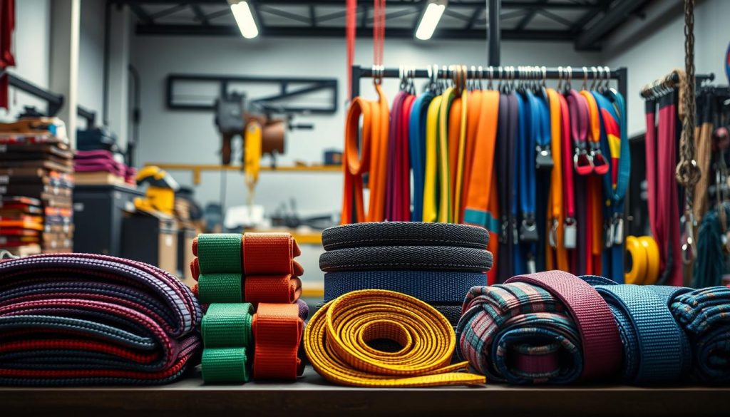 A visually striking image showcasing a diverse selection of webbing slings, arranged neatly in a well-lit, professional display. In the foreground, several colorful, high-strength webbing slings of various lengths and widths are carefully stacked, highlighting their texture and vibrant hues. The middle ground features additional slings hanging on a display rack, showcasing their versatility and range. In the background, a subtle workshop setting is visible, with tools and equipment that emphasize the industrial quality of these accessories. Soft, diffused lighting illuminates the scene, creating a clean and inviting atmosphere. The image should capture the essence of quality and reliability, appealing to potential buyers seeking webbing slings. A visually striking image showcasing a diverse selection of webbing slings, arranged neatly in a well-lit, professional display. In the foreground, several colorful, high-strength webbing slings of various lengths and widths are carefully stacked, highlighting their texture and vibrant hues. The middle ground features additional slings hanging on a display rack, showcasing their versatility and range. In the background, a subtle workshop setting is visible, with tools and equipment that emphasize the industrial quality of these accessories. Soft, diffused lighting illuminates the scene, creating a clean and inviting atmosphere. The image should capture the essence of quality and reliability, appealing to potential buyers seeking webbing slings.