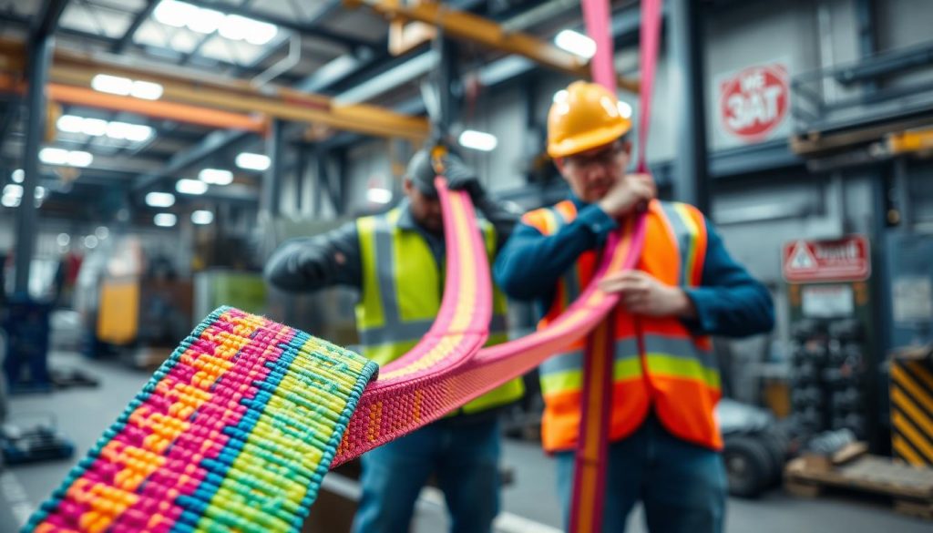 A close-up of a vibrant webbing sling in a manufacturing environment, showcasing its flexibility and strength. In the foreground, the colorful, high-strength material of the sling is intricately woven, glistening under bright industrial lighting. In the middle ground, a professional worker in a safety helmet and reflective vest adjusts the sling, demonstrating its versatility and effectiveness in a secure manner. The background features an organized workspace with heavy lifting equipment and safety signage, emphasizing the industrial setting. Soft focus highlights the webbing sling while capturing the essence of robust safety practices. The overall mood is one of professionalism and reliability, aiming to convey safety and flexibility in industrial applications.