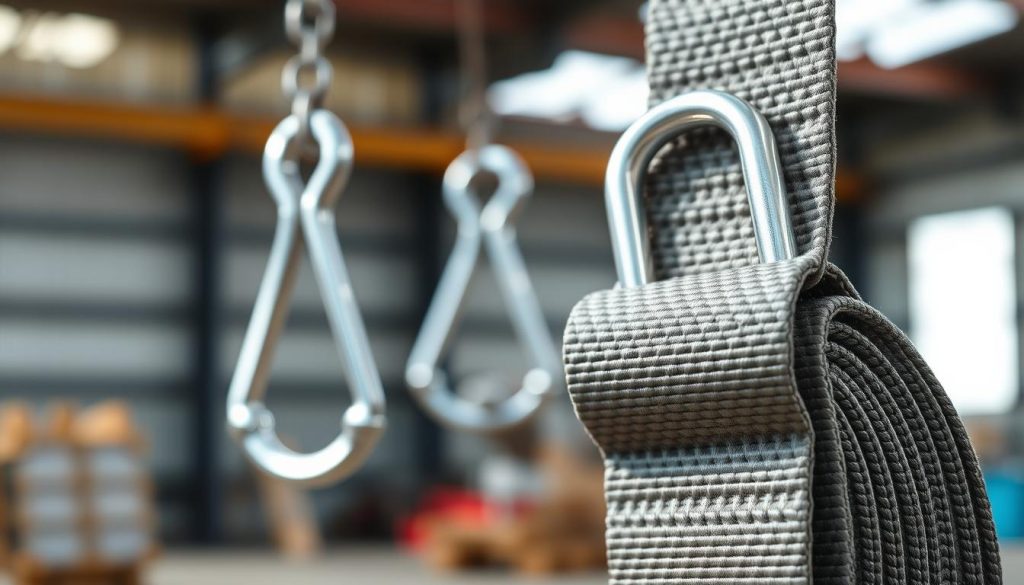 A close-up, photorealistic image of a sturdy material webbing sling, showcasing its texture and color details. The webbing sling should be displayed prominently in the foreground, demonstrating its robust stitching and durable fabric, glistening slightly under natural light to emphasize its resilience. In the middle ground, include a set of metal hooks attached to the sling, reflecting the light, indicating its practical use in lifting and securing heavy loads. The background should be a blurred industrial setting, hinting at a warehouse or construction site, to convey context without distraction. Aim for an overall mood of strength and reliability, with soft, diffused lighting to create a professional atmosphere, focusing on the quality and craftsmanship of the webbing sling.