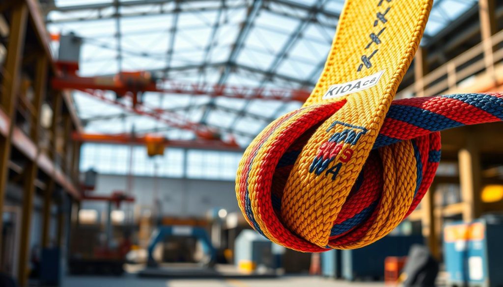 A close-up, photorealistic image of a webbing sling prominently displayed in the foreground, showcasing its vibrant colors and intricate weave. The sling should be lifelike and detailed, highlighting its strength and flexibility, with labels indicating the material and specifications subtly incorporated into the design. In the middle ground, a slightly blurred background features an industrial setting, such as a warehouse or construction site, with various lifting equipment like a crane and wire rope slings, contrasting the two types of slings. The lighting is bright and natural, casting soft shadows that enhance the texture of the webbing sling. The atmosphere conveys professionalism and innovation, ideal for comparing it against traditional wire rope and chain slings. A close-up, photorealistic image of a webbing sling prominently displayed in the foreground, showcasing its vibrant colors and intricate weave. The sling should be lifelike and detailed, highlighting its strength and flexibility, with labels indicating the material and specifications subtly incorporated into the design. In the middle ground, a slightly blurred background features an industrial setting, such as a warehouse or construction site, with various lifting equipment like a crane and wire rope slings, contrasting the two types of slings. The lighting is bright and natural, casting soft shadows that enhance the texture of the webbing sling. The atmosphere conveys professionalism and innovation, ideal for comparing it against traditional wire rope and chain slings.