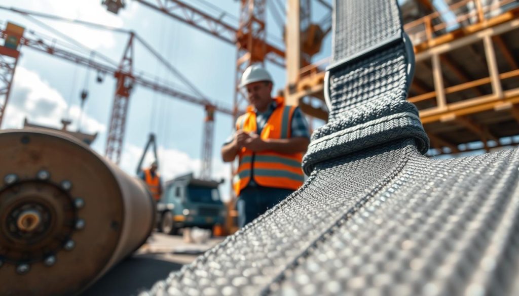 A close-up shot of a webbing sling application in an industrial setting, focusing on the sling secured around a heavy load, showcasing its durability and utility. The foreground features textured webbing with detailed stitching, indicating strength and reliability. In the middle ground, visualize a construction worker in professional attire, inspecting the load, emphasizing safety and expertise. The background highlights a dynamic construction site with cranes and machinery, under natural daylight that casts soft shadows, creating a realistic atmosphere. Use a slight wide-angle lens to capture the depth of the scene, ensuring clarity in the details of the webbing sling, while maintaining a professional and industrious tone. High definition and photorealistic quality are crucial for this visual representation.