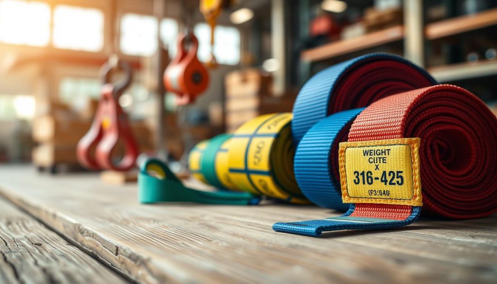 A close-up view of a high-quality webbing sling arranged neatly on a wooden table, showcasing its vibrant colors and robust texture. The foreground features the sling with detailed stitching and clear labels indicating its weight capacity. In the middle ground, a set of lifting equipment like hooks and pulleys can be subtly implied to provide context. The background has a soft-focus industrial setting, hinting at a warehouse or a construction site with warm, natural lighting that adds a professional atmosphere. The photo is captured with a shallow depth of field to highlight the sling, using a macro lens for sharp details. The overall mood is focused and professional, ideal for illustrating pricing and offers.