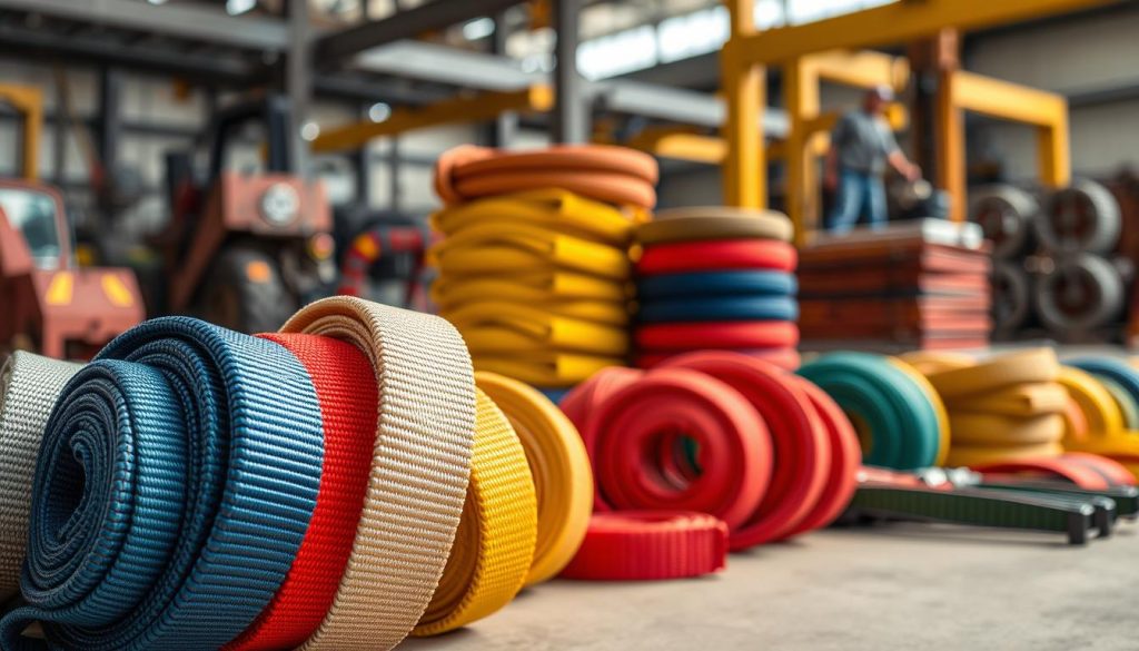 A close-up view of a variety of webbing slings arranged in an organized, industrial setting. The foreground features several colorful, high-strength webbing slings with detailed stitching and subtle texture variations, showcasing their unique designs suitable for lifting and rigging. In the middle ground, a stack of webbing slings in different widths and colors emphasizes the diverse options available for industries. The background includes blurred silhouettes of heavy machinery and lifting equipment, hinting at a bustling workshop environment. Soft, natural lighting highlights the slings, casting gentle shadows that add depth. The mood conveys professionalism and durability, ideal for industrial applications, captured in a photorealistic style at a slight angle to enhance visual interest. A close-up view of a variety of webbing slings arranged in an organized, industrial setting. The foreground features several colorful, high-strength webbing slings with detailed stitching and subtle texture variations, showcasing their unique designs suitable for lifting and rigging. In the middle ground, a stack of webbing slings in different widths and colors emphasizes the diverse options available for industries. The background includes blurred silhouettes of heavy machinery and lifting equipment, hinting at a bustling workshop environment. Soft, natural lighting highlights the slings, casting gentle shadows that add depth. The mood conveys professionalism and durability, ideal for industrial applications, captured in a photorealistic style at a slight angle to enhance visual interest.