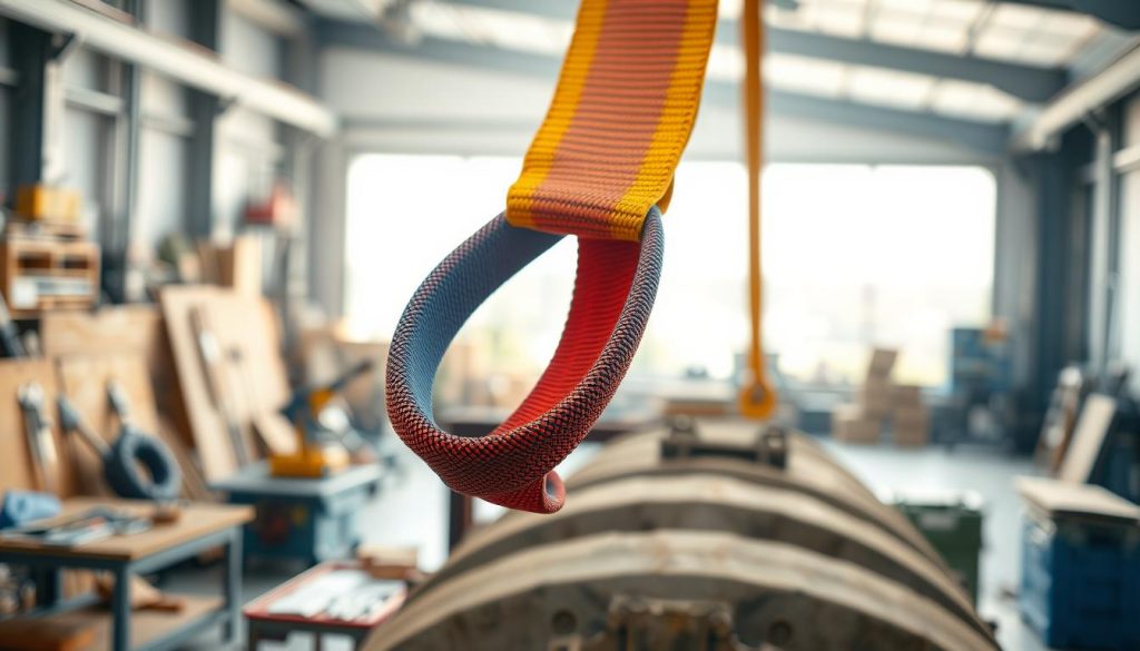 A close-up view of a webbing sling showcased prominently in the foreground, highlighting its vibrant colors and sturdy texture. The sling should be displayed looped over a heavy load, emphasizing its strength and versatility. In the middle ground, depict a clear working environment, with tools and equipment subtly arranged to suggest an industrial setting. The background should be softly blurred, featuring hints of a warehouse or workshop. Utilize natural lighting coming from a large window, creating a soft glow that accentuates the details of the webbing sling. The atmosphere should convey reliability and professionalism, indicating the sling's suitability for handling sensitive loads. The image should be photorealistic and high-definition, capturing every detail vividly.