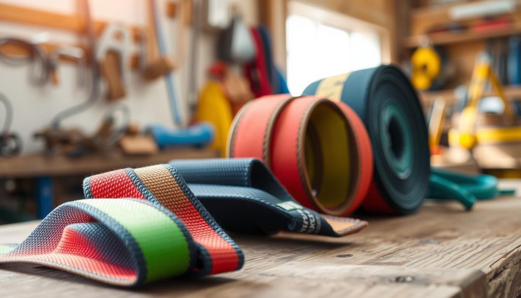 A close-up view of various types of webbing slings arranged neatly on a wooden workbench, showcasing the intricate details of their construction. The foreground features a vibrant, multi-colored webbing sling with visible stitching patterns and labels. In the middle, there are additional slings with different widths and materials, including polyester and nylon, displayed in a slightly blurred effect to emphasize depth. The background includes tools and safety gear, softly lit by natural light filtering through a workshop window, creating a warm and inviting atmosphere. The focus is sharp, with a slight bokeh effect, capturing a professional yet accessible feel suitable for an informative article. A close-up view of various types of webbing slings arranged neatly on a wooden workbench, showcasing the intricate details of their construction. The foreground features a vibrant, multi-colored webbing sling with visible stitching patterns and labels. In the middle, there are additional slings with different widths and materials, including polyester and nylon, displayed in a slightly blurred effect to emphasize depth. The background includes tools and safety gear, softly lit by natural light filtering through a workshop window, creating a warm and inviting atmosphere. The focus is sharp, with a slight bokeh effect, capturing a professional yet accessible feel suitable for an informative article.