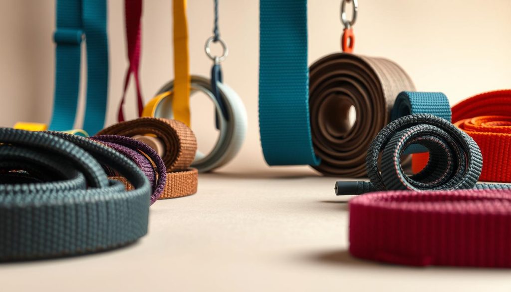 A close-up view of various types of webbing slings displayed on a neutral background. In the foreground, showcase different colors and patterns of webbing slings, emphasizing their textures and stitching details. The middle ground features a few slings hanging vertically, demonstrating their strength and flexibility, while the background fades softly to highlight the products. Incorporate natural lighting that casts gentle shadows to accentuate the contours of the slings, creating a sense of depth. The overall mood should be professional and modern, ideal for showcasing high-quality industrial equipment, emphasizing functionality and reliability in applications. Ensure the image is photorealistic and of high definition, providing a clear visual reference for readers.