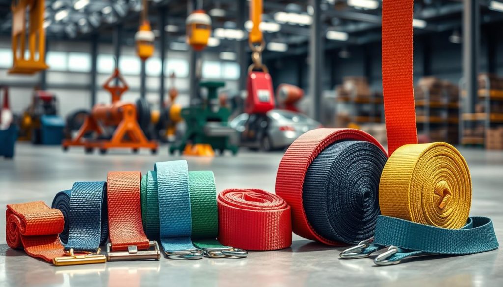 A collection of webbing slings in various capacities and lengths displayed prominently in the foreground, showcasing their vibrant colors and textures. The slings should be neatly arranged on a well-lit surface that highlights their sturdy fabric and stitching details. In the middle ground, include a variety of industrial equipment, such as pulleys and lifting gear, to give context to the slings' application. The background should feature a blurred warehouse setting with soft lighting, emphasizing the professional and industrial atmosphere. Use natural lighting to create subtle shadows, enhancing the three-dimensional feel of the slings. The overall mood should be one of reliability and professionalism, suitable for an industrial environment, with a photorealistic, high-definition quality.