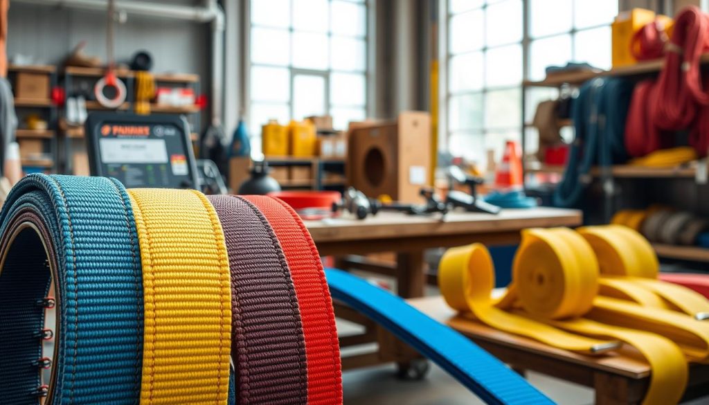A detailed and photorealistic image of various types of webbing slings displayed in a professional workshop setting. In the foreground, focus on brightly colored webbing slings of different widths and lengths, showcasing their stitching and strength labels. The middle ground features a sturdy wooden table with tools and accessories related to webbing slings, enhancing the industrial atmosphere. In the background, softly blurred shelving holds more types of slings and lines, creating depth. The lighting is bright and natural, simulating daylight from large windows, casting soft shadows. The overall mood is professional and informative, ideal for illustrating the variety and quality of webbing slings available.