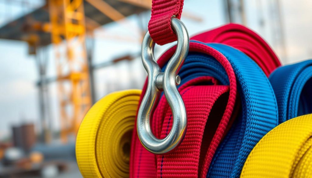 A detailed and photorealistic image of various webbing slings made of durable nylon, showcasing different types, capacities, and sizes. In the foreground, several brightly colored slings – red, blue, and yellow – are neatly coiled and displayed, highlighting their texture and stitching details. In the middle, a clear view of a sturdy metal hook attached to one of the slings emphasizes its practical use for lifting and securing loads. The background features a blurred construction site scene in Gunungsitoli, with soft natural lighting that evokes a professional and industrial atmosphere. The composition should convey a sense of reliability and quality, suitable for potential buyers interested in purchasing webbing slings. Ensure the image is high definition with a focus on clarity and detail. A detailed and photorealistic image of various webbing slings made of durable nylon, showcasing different types, capacities, and sizes. In the foreground, several brightly colored slings – red, blue, and yellow – are neatly coiled and displayed, highlighting their texture and stitching details. In the middle, a clear view of a sturdy metal hook attached to one of the slings emphasizes its practical use for lifting and securing loads. The background features a blurred construction site scene in Gunungsitoli, with soft natural lighting that evokes a professional and industrial atmosphere. The composition should convey a sense of reliability and quality, suitable for potential buyers interested in purchasing webbing slings. Ensure the image is high definition with a focus on clarity and detail.