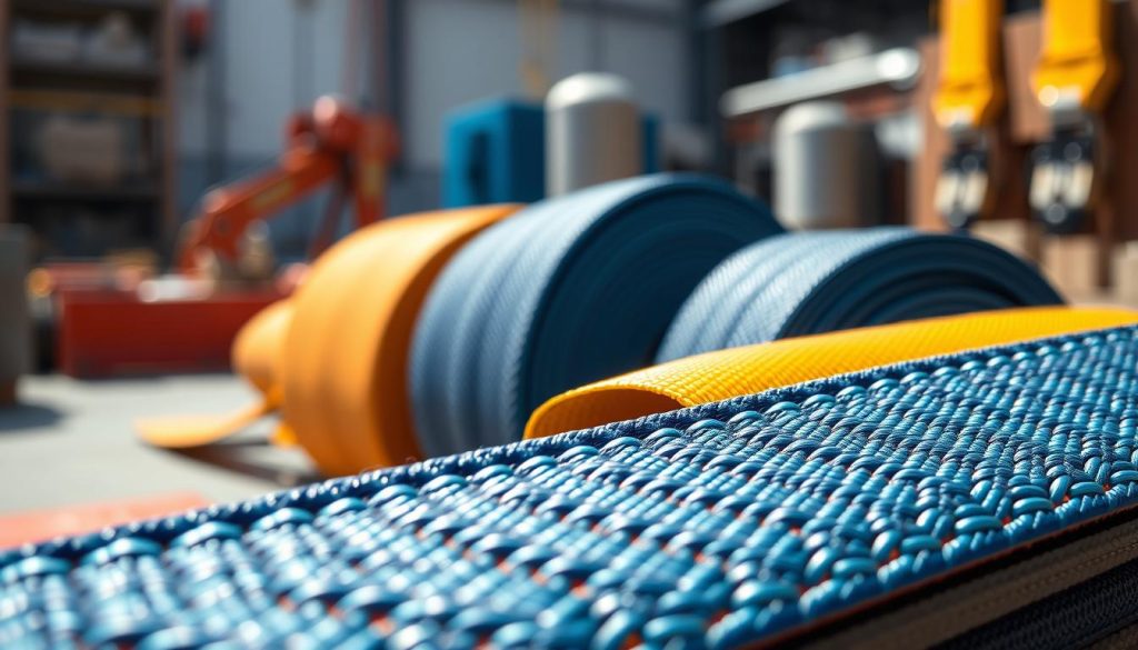 A detailed close-up image of webbing sling material, showcasing its intricate texture and vibrant colors. The foreground features a section of the webbing, displaying its dense weave and strong stitching. In the middle ground, several lengths of slings are rolled and neatly arranged, highlighting their flexibility and durability. The background is softly blurred to emphasize the slings, with subtle industrial elements hinting at their practical uses. Use natural daylight to create a warm and inviting atmosphere, casting gentle shadows that accentuate the webbing's qualities. The composition should evoke a sense of strength and reliability, inspired by a professional setting. Aim for a photorealistic quality with high definition to capture every detail of the material.