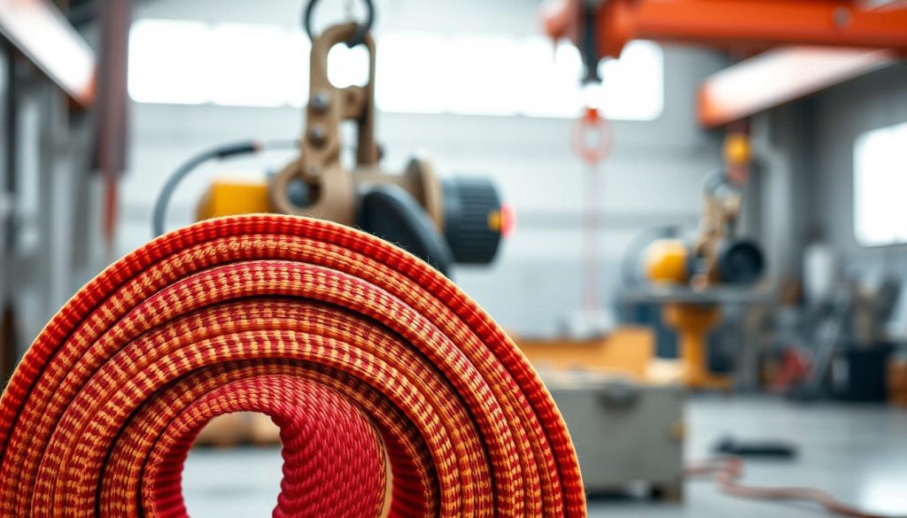 A detailed, high-definition photorealistic image of a vibrant webbing sling prominently displayed in the foreground. The sling should be shown in a close-up view, highlighting its woven texture, vibrant colors, and sturdy stitching. In the middle ground, include a partially visible set of lifting equipment such as a hoist and hooks, emphasizing the functionality and application of the webbing sling. The background should feature a blurred industrial setting, perhaps a warehouse or construction site, to convey its practical use. Utilize soft, natural lighting to create an inviting and professional atmosphere, with the focus on the webbing sling, showcasing it as an essential lifting tool in a safe work environment.