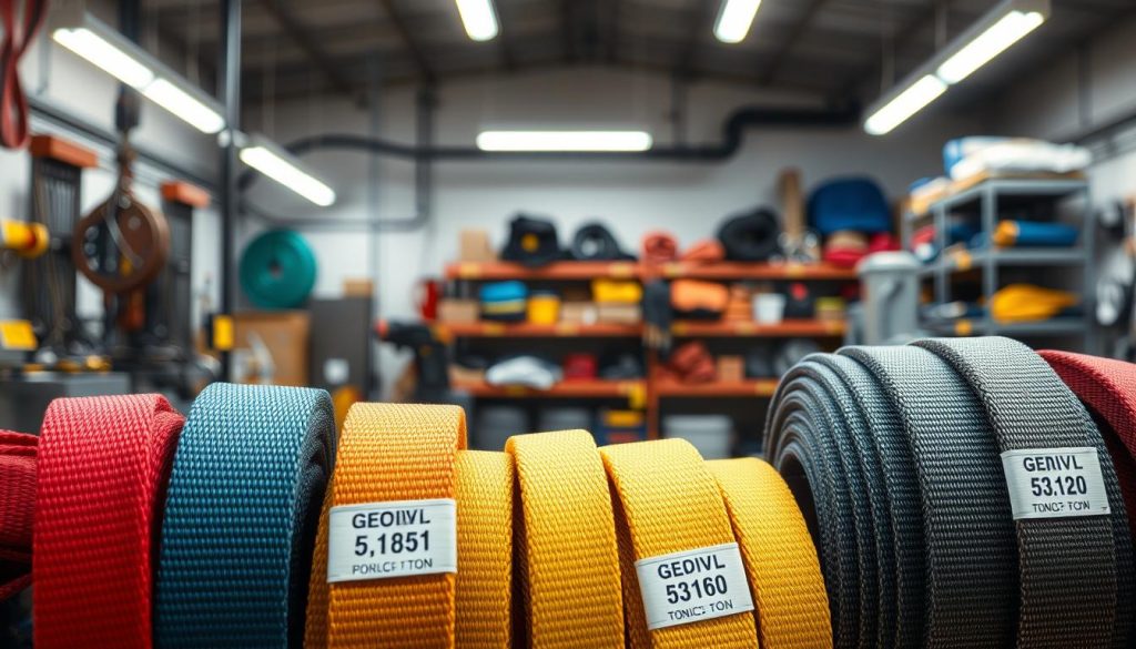 A detailed, photorealistic image illustrating the specifications and load capacity of web slings per ton. In the foreground, focus on a selection of webbing slings, various sizes and colors neatly arranged, showcasing labels with load capacity metrics. The middle ground should depict a well-lit workshop environment with tools and equipment relevant to sling manufacturing and usage. The background can feature industrial shelves stocked with additional rigging hardware, blurred slightly to emphasize the foreground subject. Use soft, natural lighting from overhead fluorescent lights, angled to create subtle shadows that enhance the 3D effect. The overall atmosphere should feel professional and informative, suitable for an engineering or manufacturing context, ensuring clarity and focus on the web slings’ specifications.