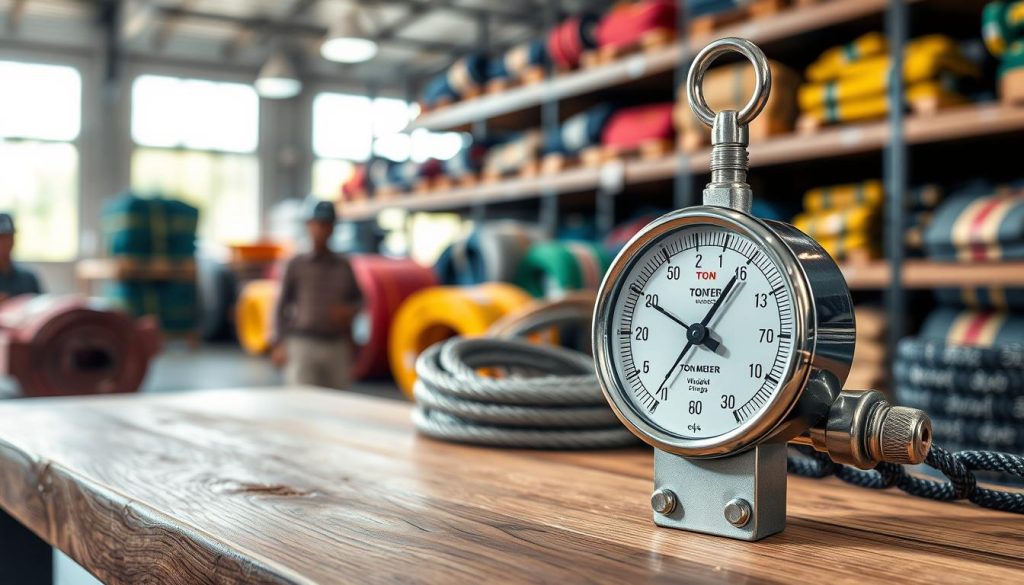 A detailed, photorealistic image of a ton meter prominently displayed on a sturdy wooden table, showcasing its metallic, industrial design and measurement scale. In the foreground, the ton meter should be the main focus with clear markings for weight measurement, glistening under bright, natural light. In the middle ground, slightly blurred, include various types of webbing slings arranged neatly, highlighting their robust texture and vibrant colors, emphasizing their functionality and strength. The background features a slightly out-of-focus warehouse with shelves stacked with similar equipment, adding context to the industrial setting. The atmosphere should be professional and informative, with a crisp, clean look that conveys reliability and precision.