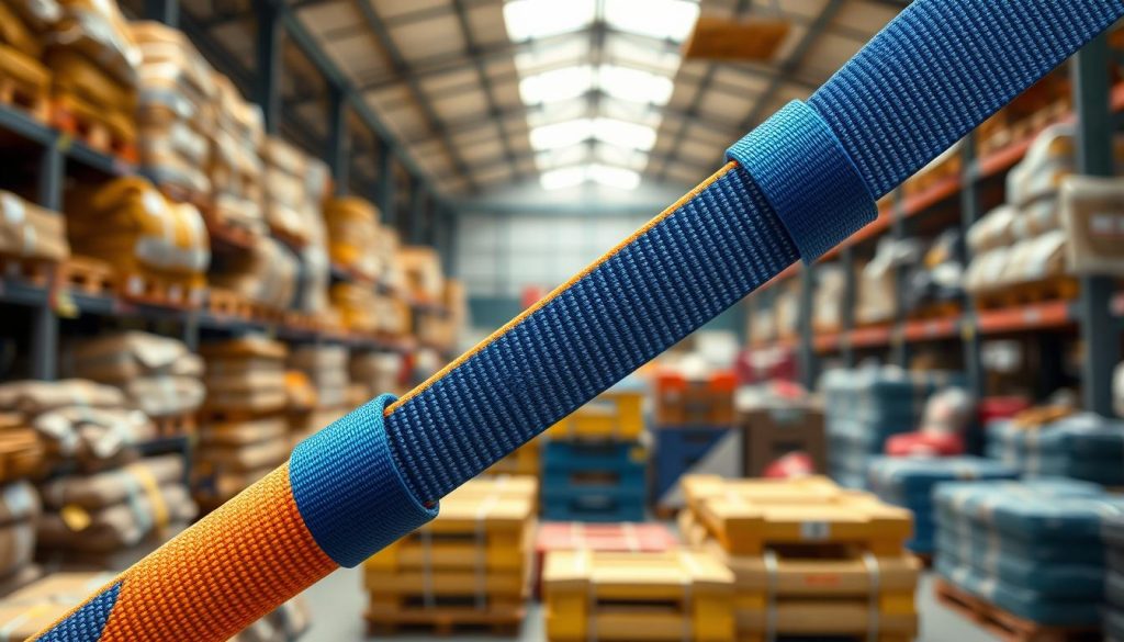 A detailed, photorealistic image of a webbing sling, prominently displayed in the foreground. The sling should be vibrant in color, showcasing its texture and stitching details, with a load attached to demonstrate its strength. In the middle ground, a well-lit warehouse environment with bundles or cargo crates around, highlighting its practical applications. The background should feature an industrial setting, slightly blurred to emphasize the sling, with soft shadows to create depth. Use natural lighting to enhance the colors and textures, capturing the atmosphere of a busy marketplace in Pematangsiantar. The angle should be slightly from above, providing a clear view of the sling's functionality without any text or distractions.